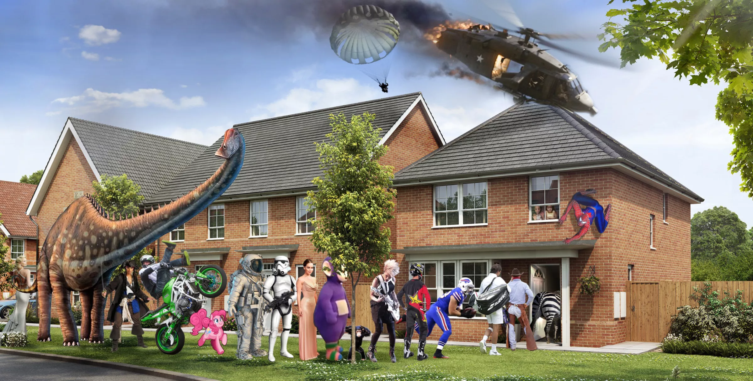 A line of characters, including a stormtrooper and a dinosaur, goes into a house while a helicopter that is on fire falls out of the sky